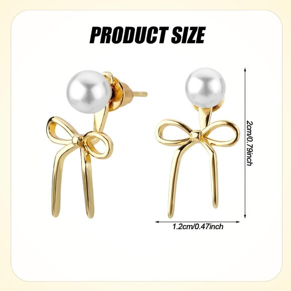 Women's Gold Dainty Pearl Bow Trendy Drop Dangle Earrings Statement Jewelry - Picture 2 of 7